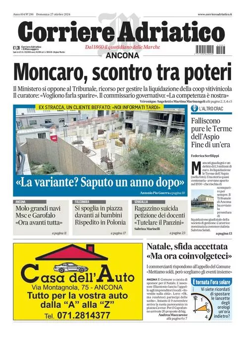 Prima-pagina-corriere adriatico-edizione-di-oggi-27-10-2024